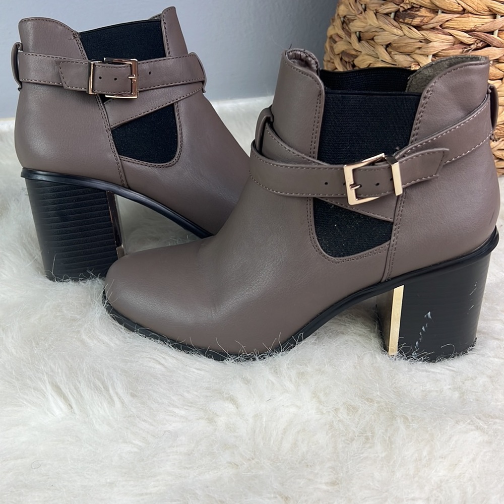 Women’s Gray Adjustable Strap Gold Mirrored Heel Booties